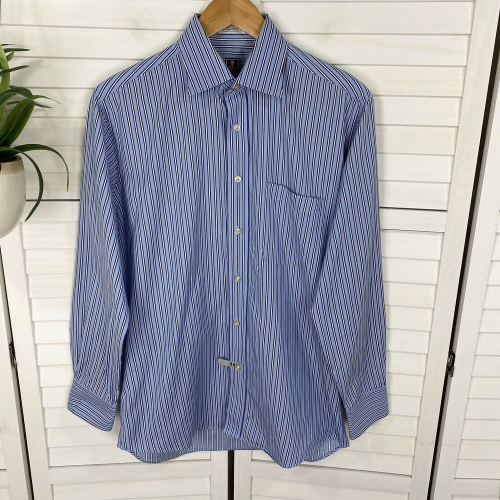 Peter Millar Blue Stripe Button Front Shirt Long Sleeve Pocket Men Size 15 1/2 R